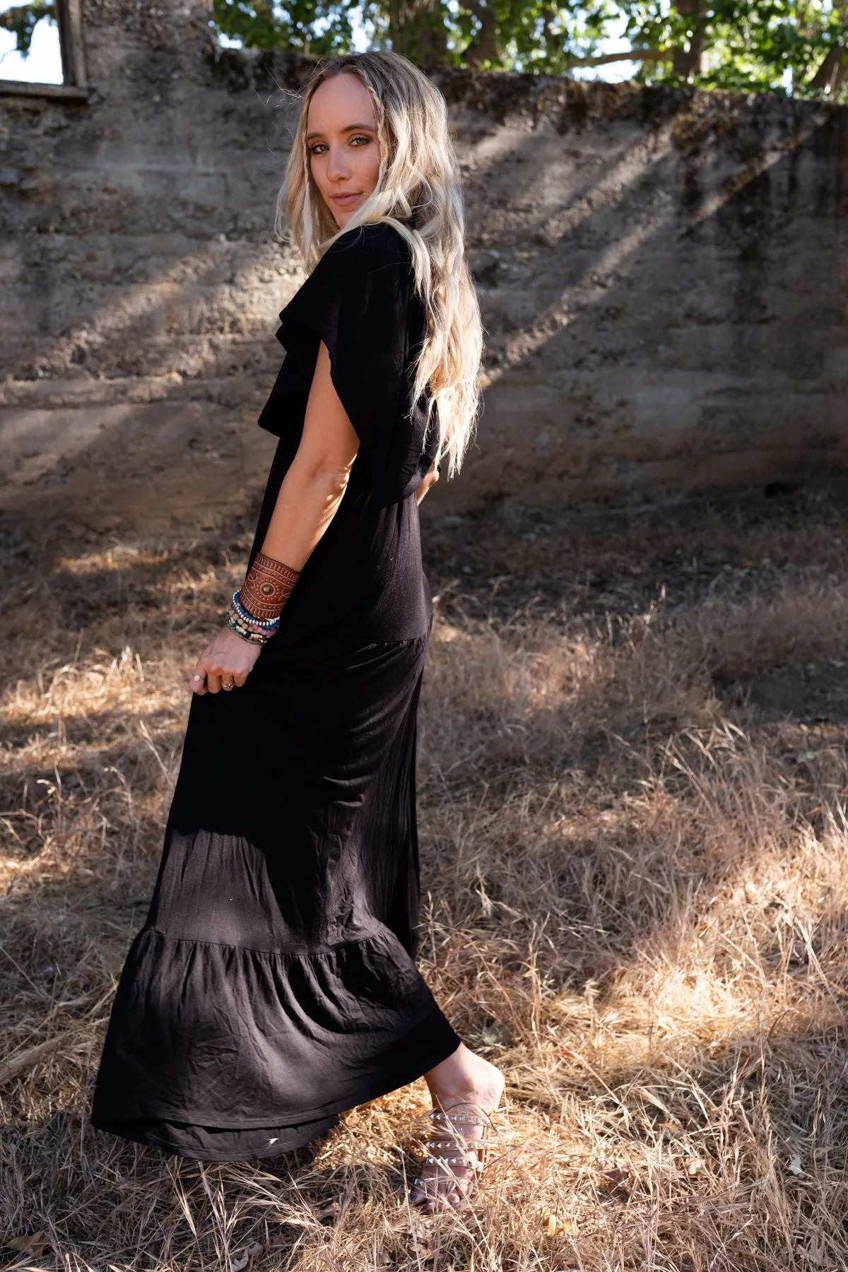 On Repeat Open Back Ruffle Maxi Dress - Black