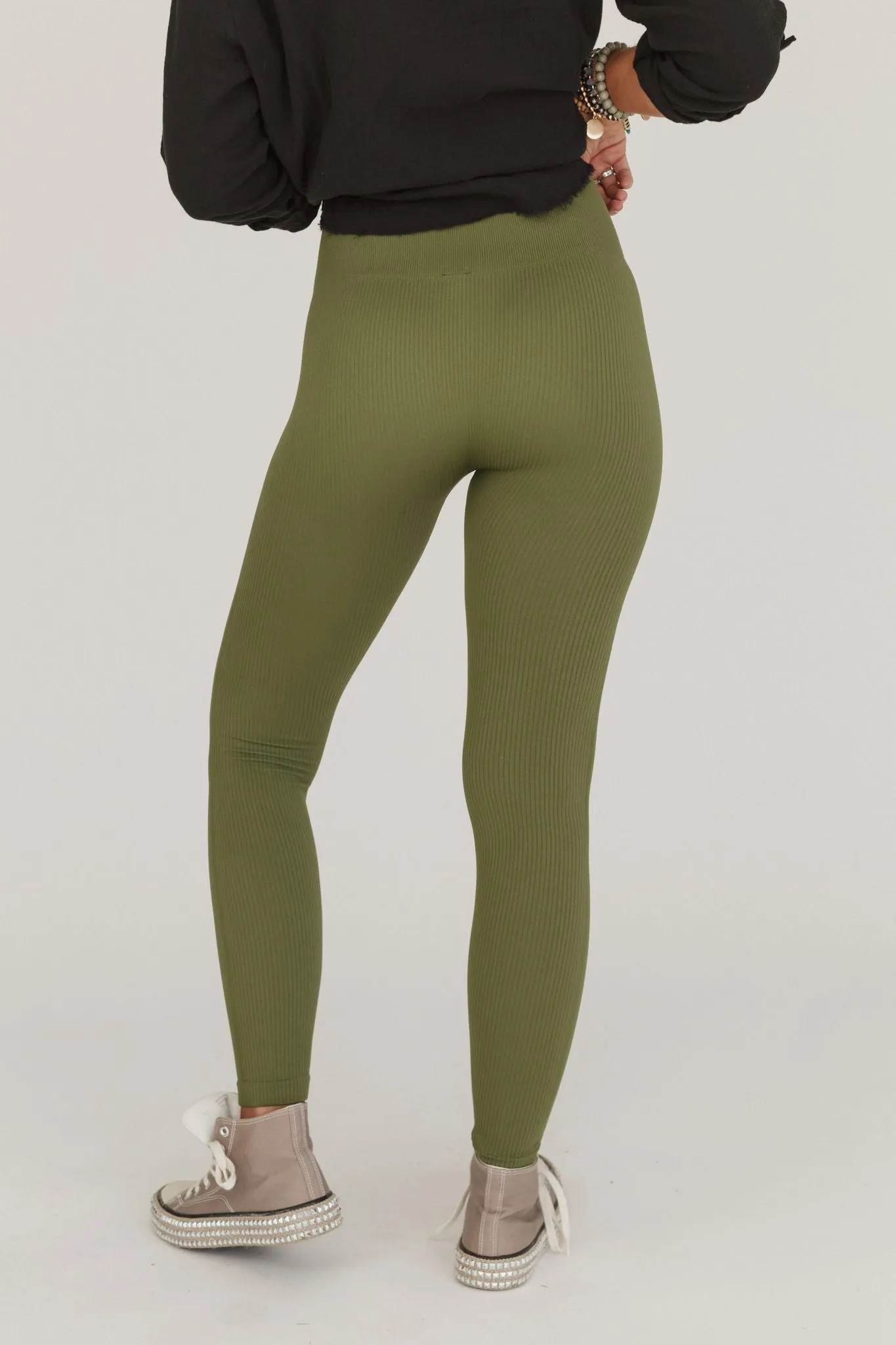 Oona High Rise Ribbed Leggings - Light Olive