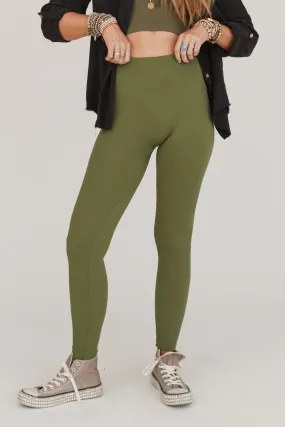 Oona High Rise Ribbed Leggings - Light Olive