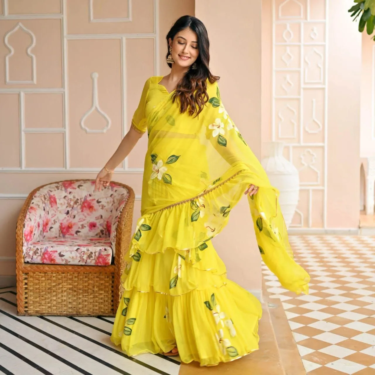 Party wear Floral Women's Lehenga Saree Yellow