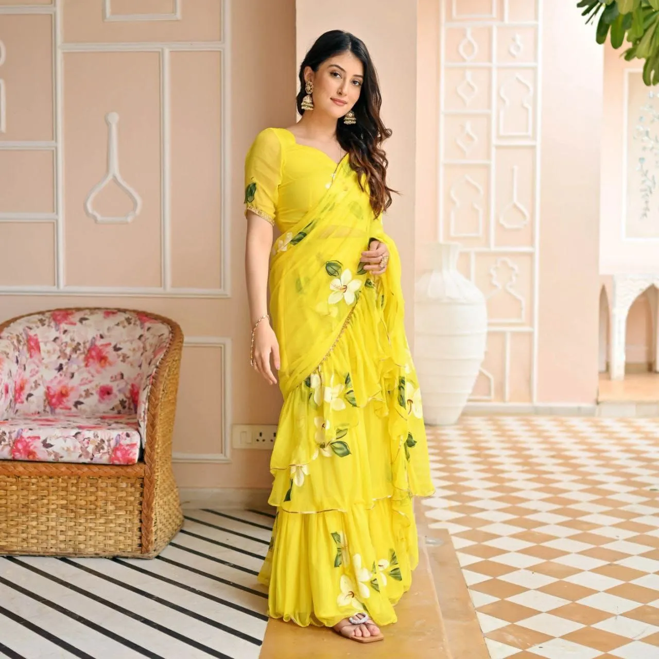 Party wear Floral Women's Lehenga Saree Yellow