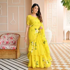 Party wear Floral Women's Lehenga Saree Yellow