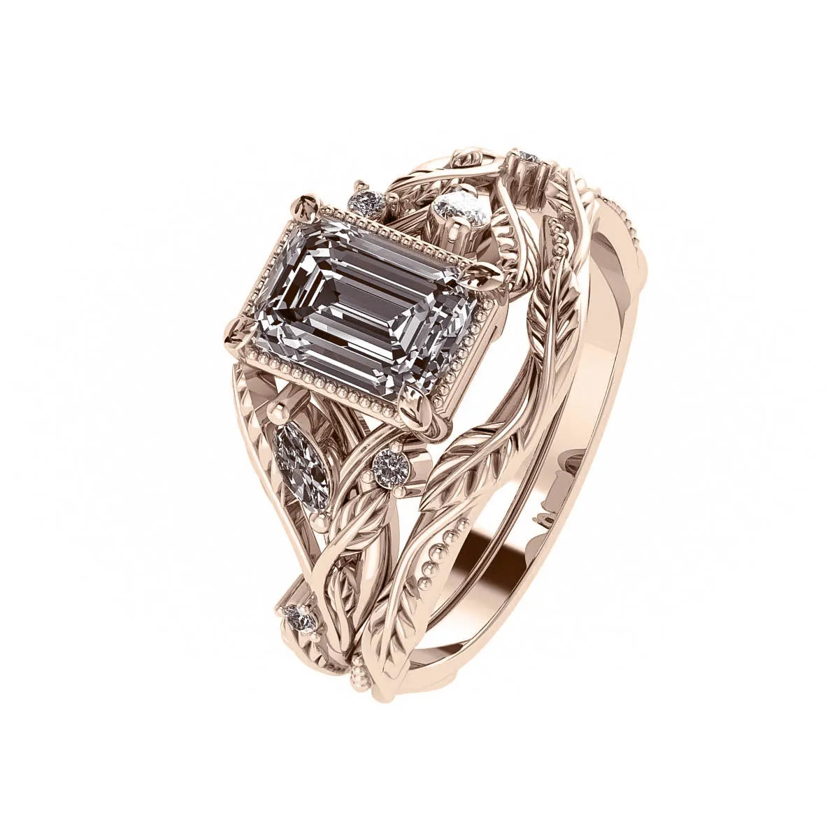 Patricia asymmetric | custom bridal ring set for emerald cut gemstone 7x5 mm