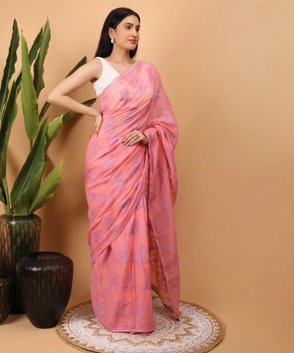 Peach purple cotton handloom chikankari saree