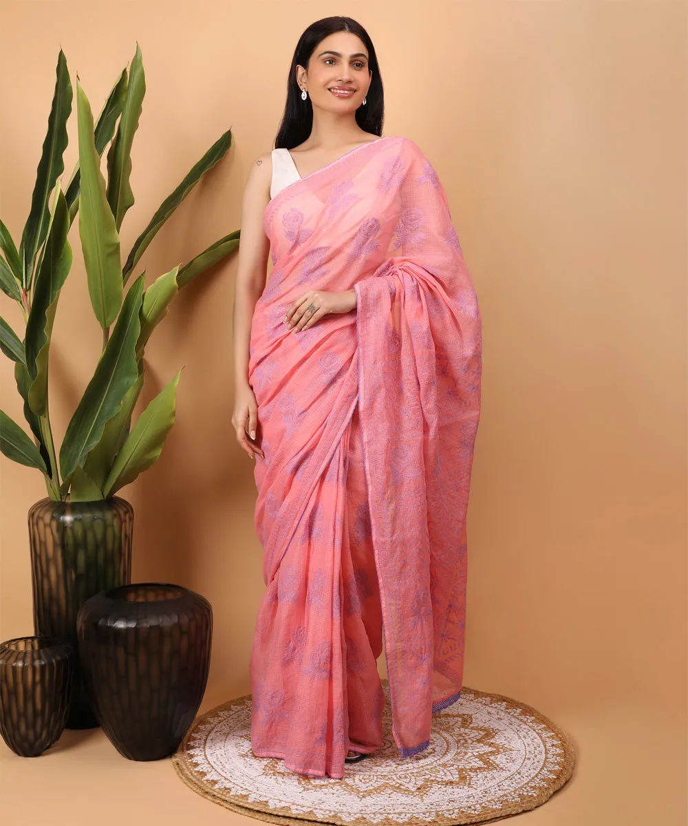 Peach purple cotton handloom chikankari saree