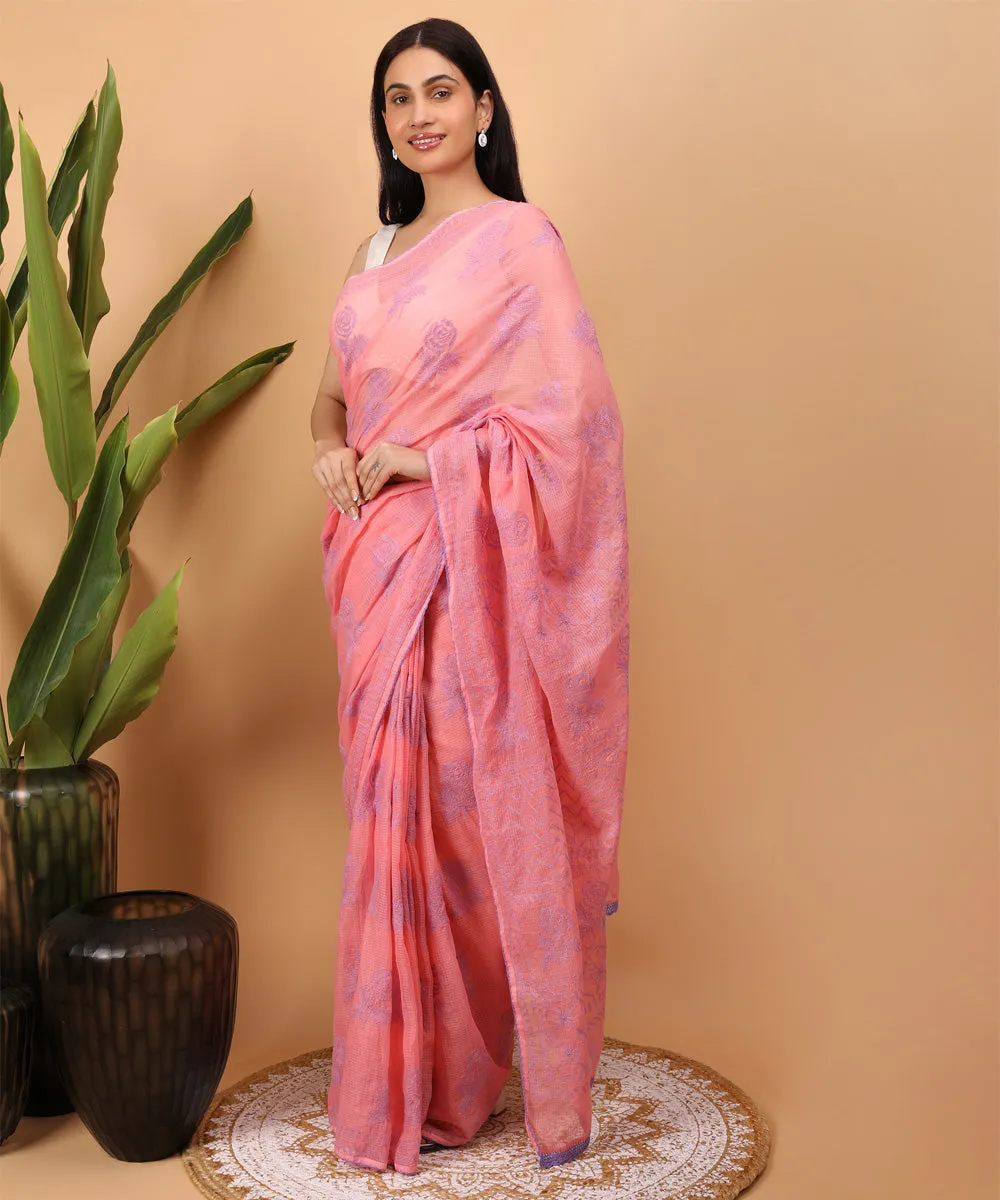 Peach purple cotton handloom chikankari saree