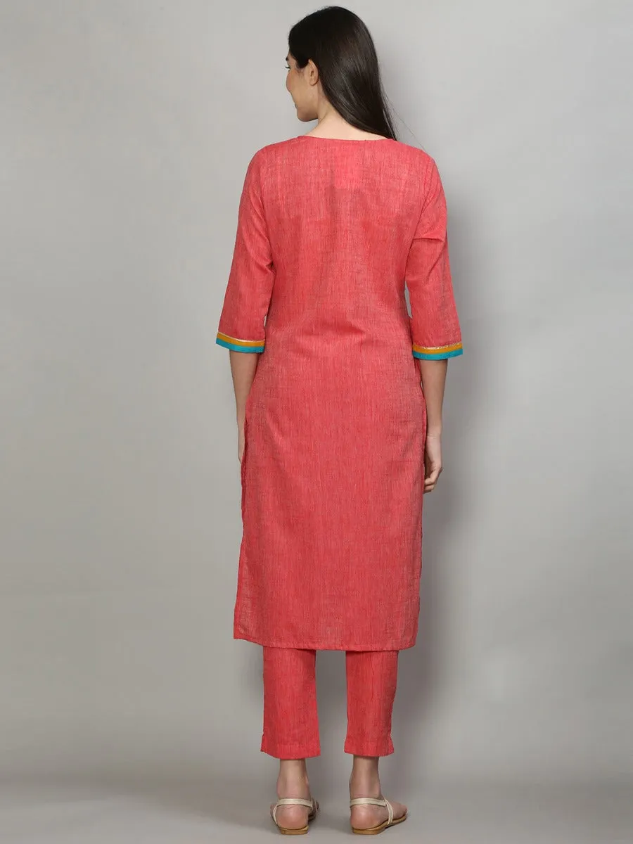 Pretty Coral Solid Kurta Trouser Dupatta