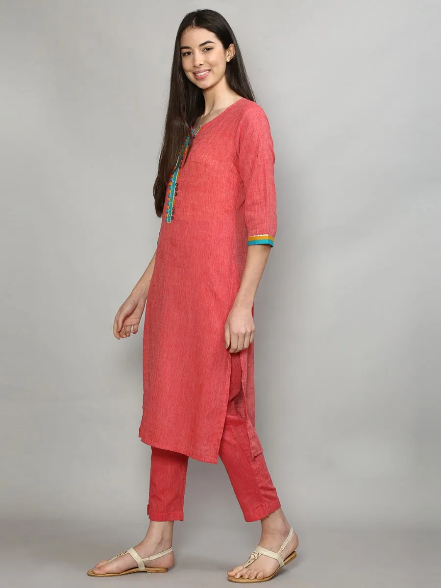 Pretty Coral Solid Kurta Trouser Dupatta