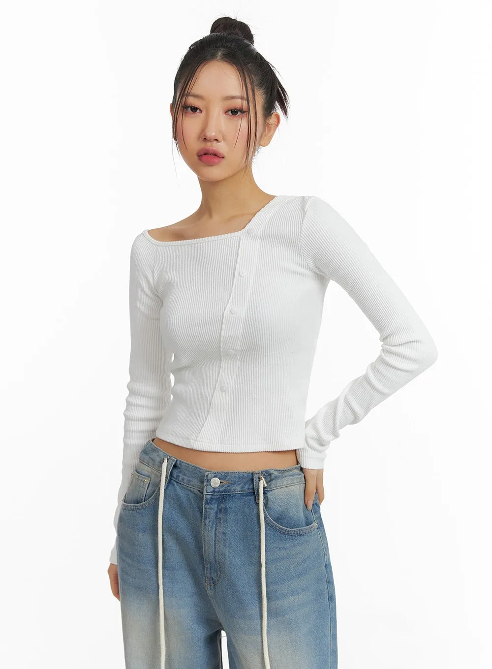 Ribbed Button Long Sleeve Top CJ429