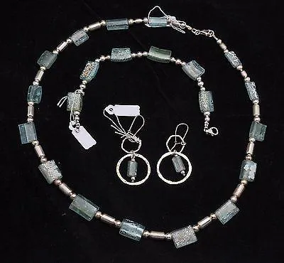 Set Of Roman Glass Bracelet, Earrings & Necklace Sterling Silver 925 #3