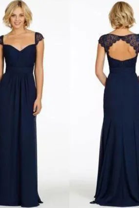 Sexy A-Line Sweetheart Cap Sleeve Lace Open Back Navy Blue Long Bridesmaid Dresses