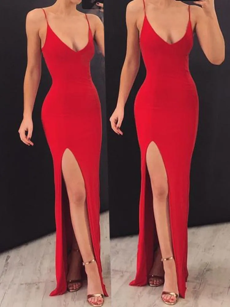 Sexy Mermaid Spaghetti Straps V Neck Red Side Slit Satin Long Prom Dresses