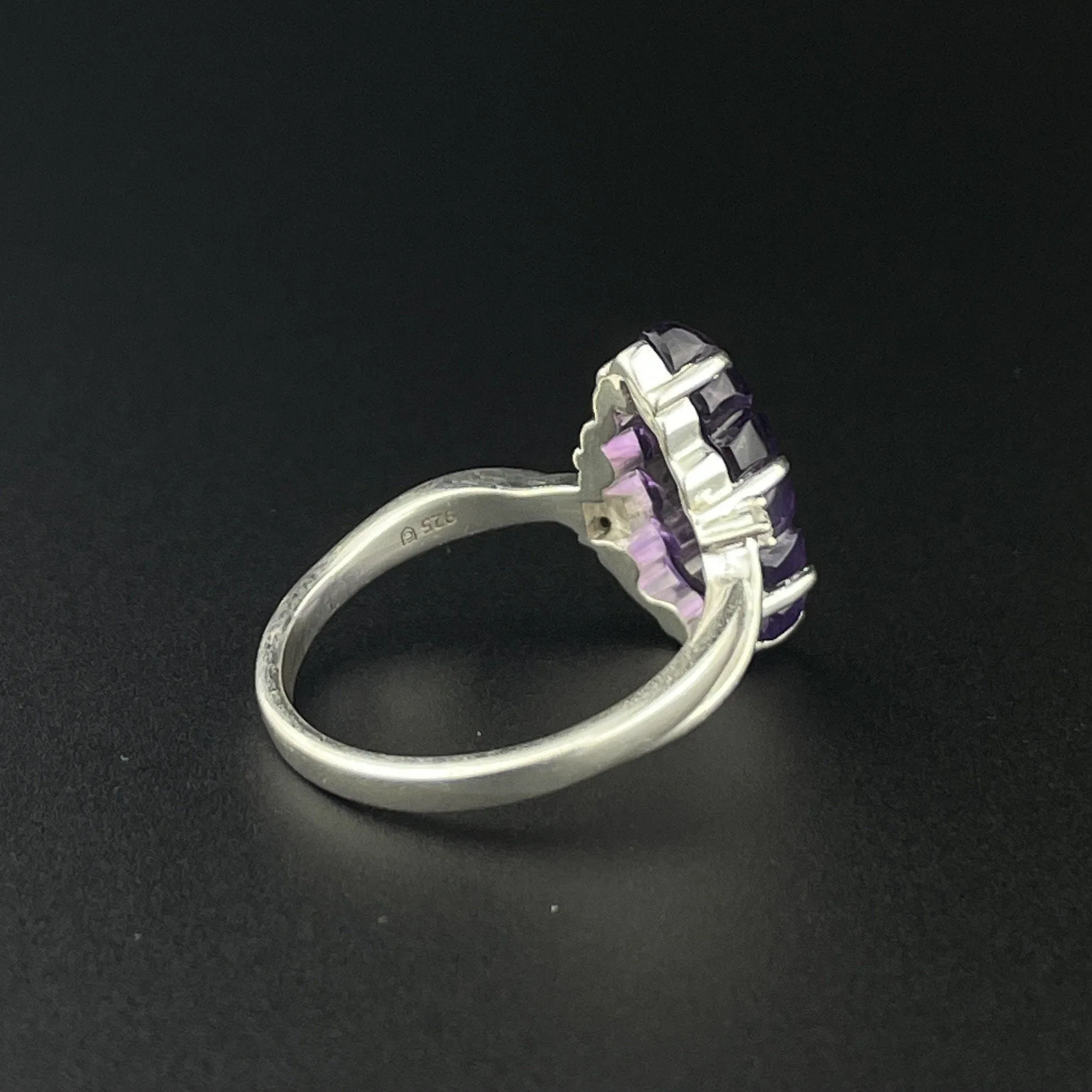 Silver Carved Amethyst Leaf Diamond Statement Ring, Sz 6 3/4