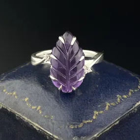 Silver Carved Amethyst Leaf Diamond Statement Ring, Sz 6 3/4