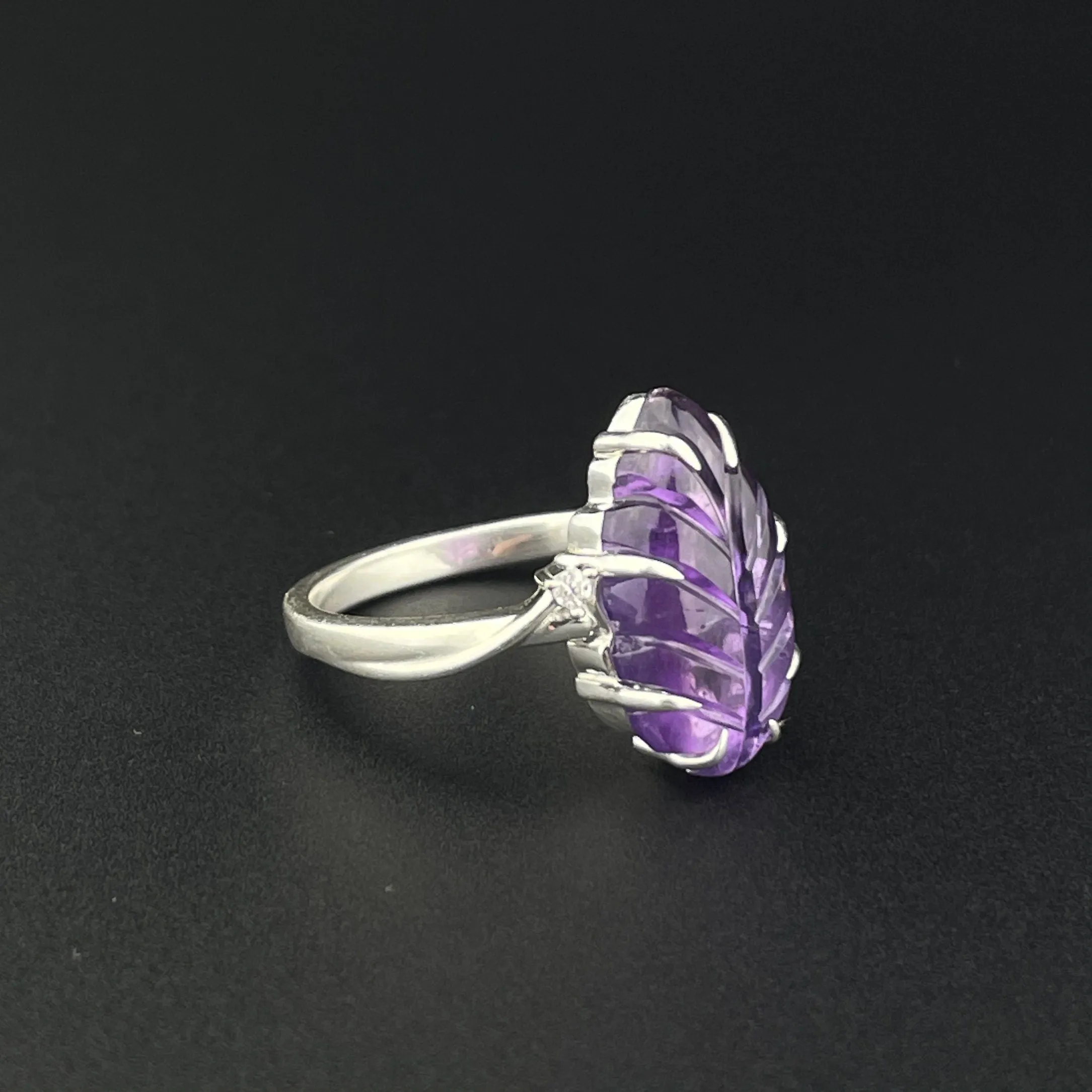 Silver Carved Amethyst Leaf Diamond Statement Ring, Sz 6 3/4