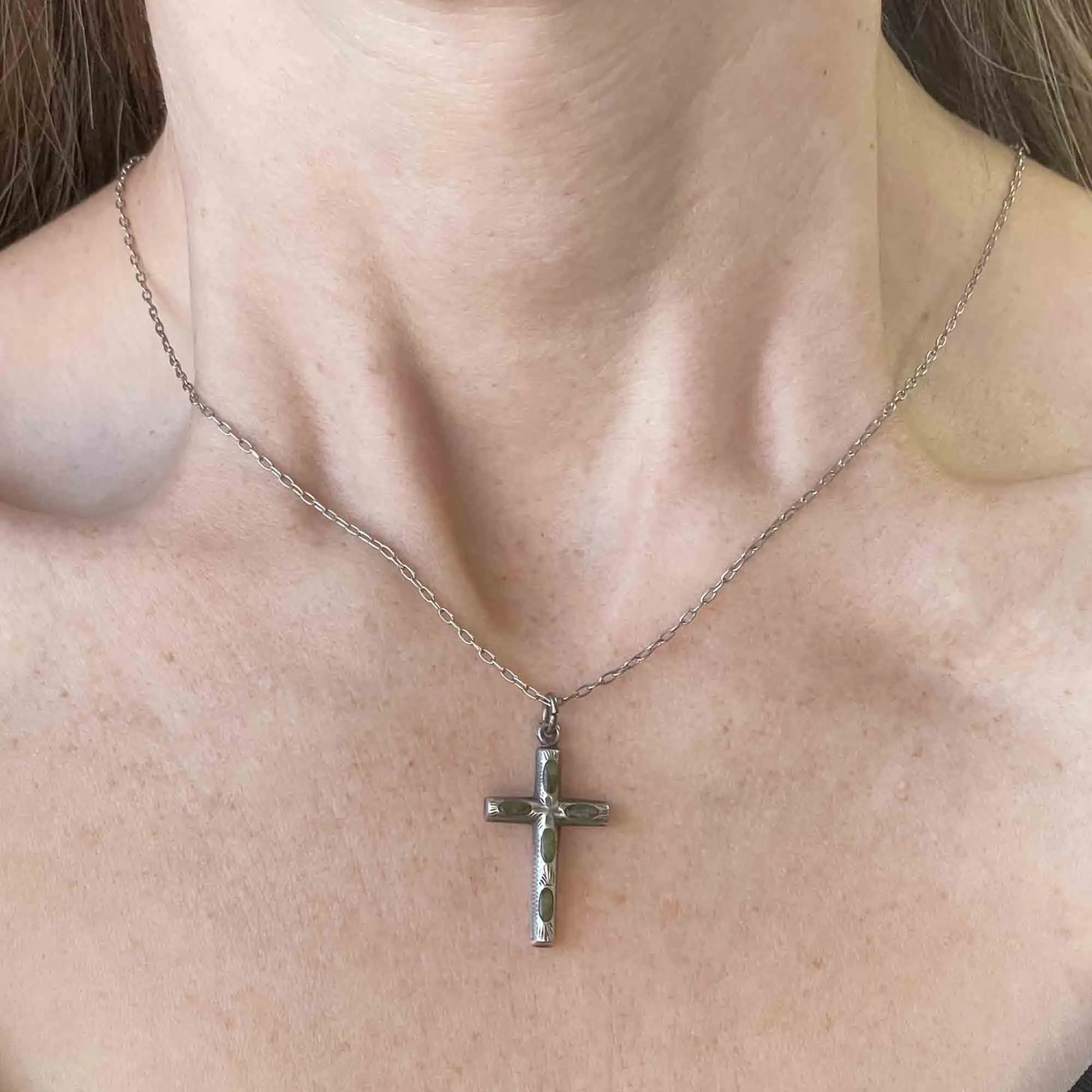 Silver Irish Connemara Marble Cross Pendant Necklace