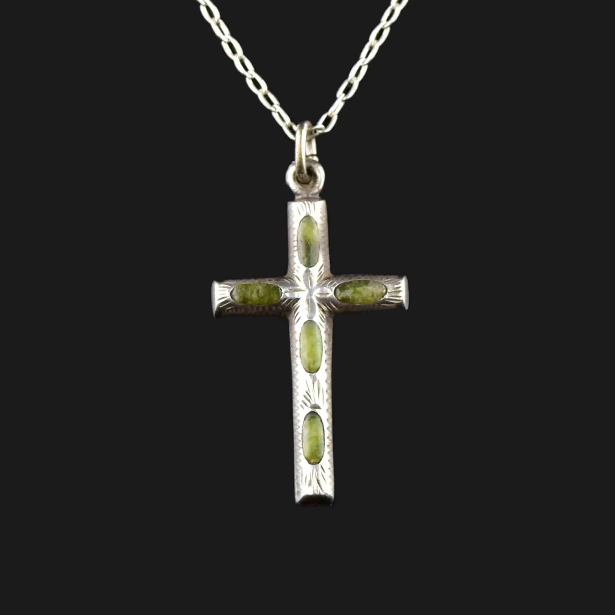 Silver Irish Connemara Marble Cross Pendant Necklace