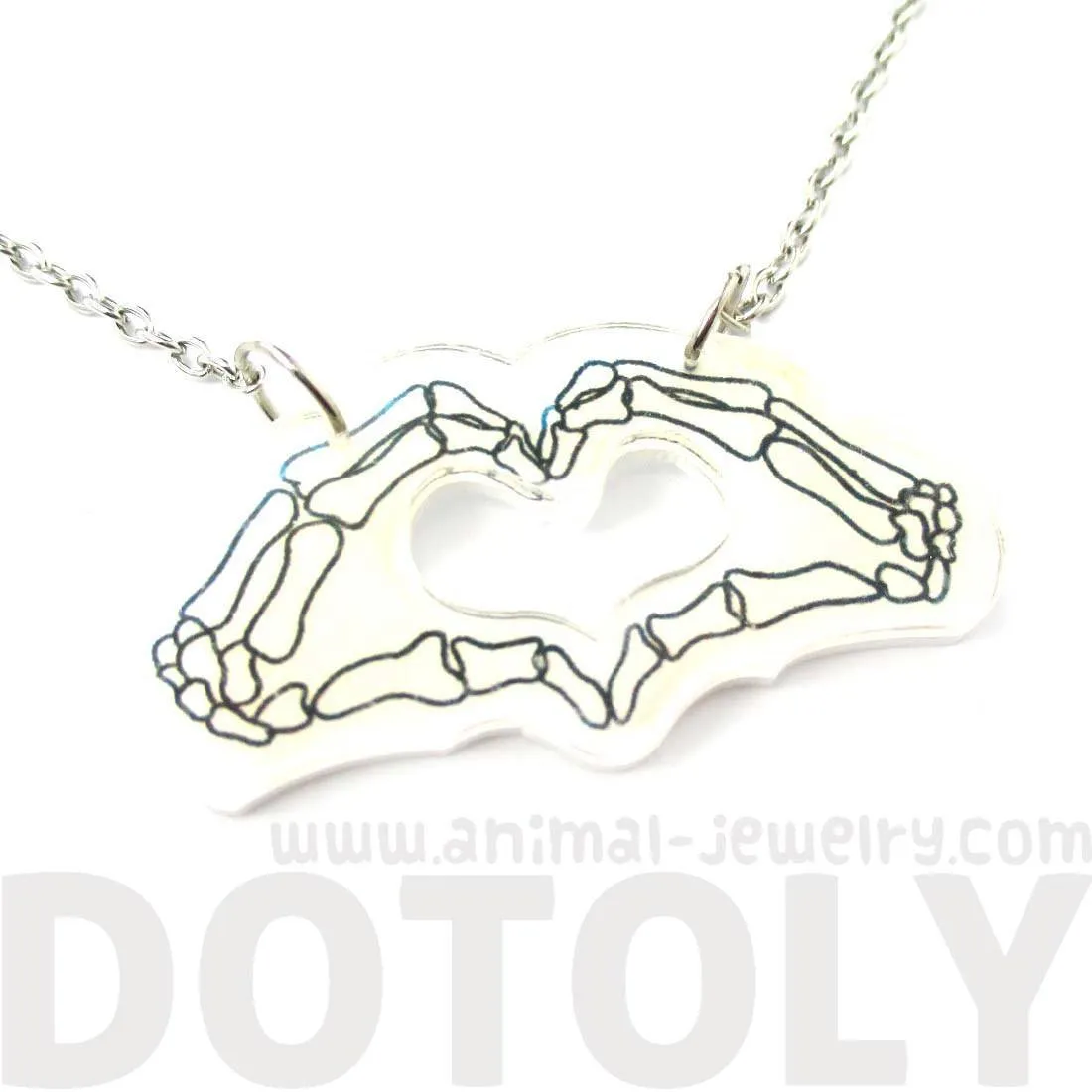 Skeleton Hands Forming an I Heart You Sign Shaped Pendant Necklace in Acrylic