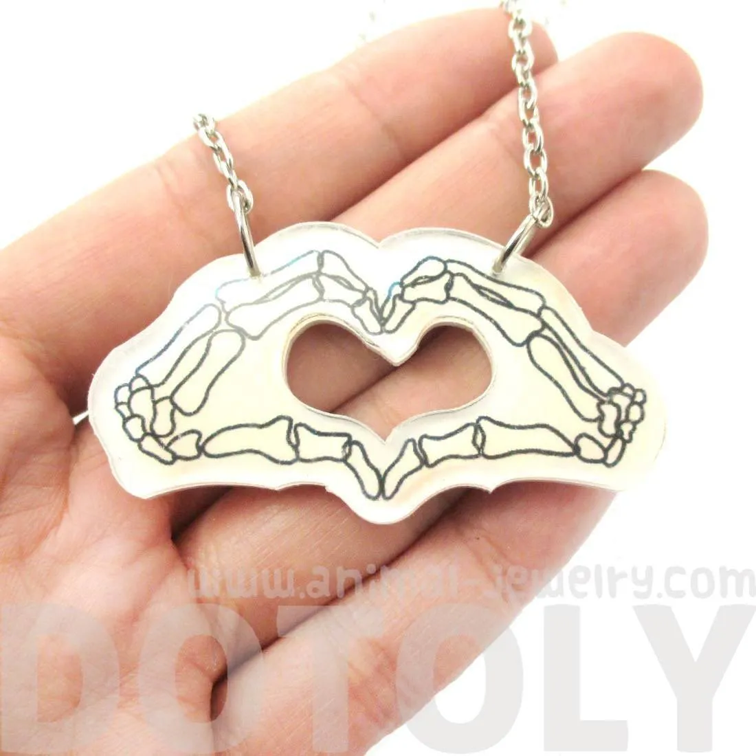 Skeleton Hands Forming an I Heart You Sign Shaped Pendant Necklace in Acrylic