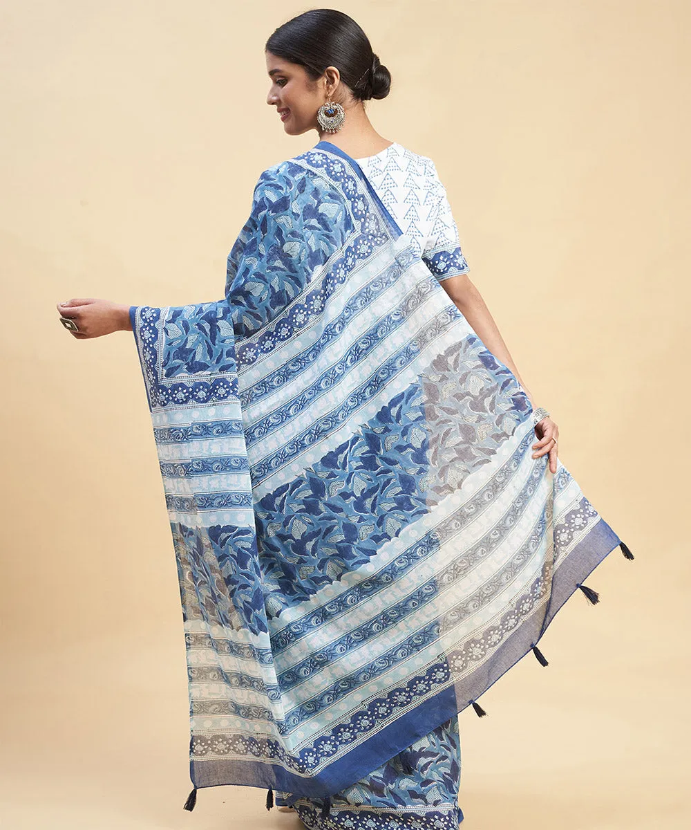 Sky blue indigo cotton hand block sanganeri printed saree