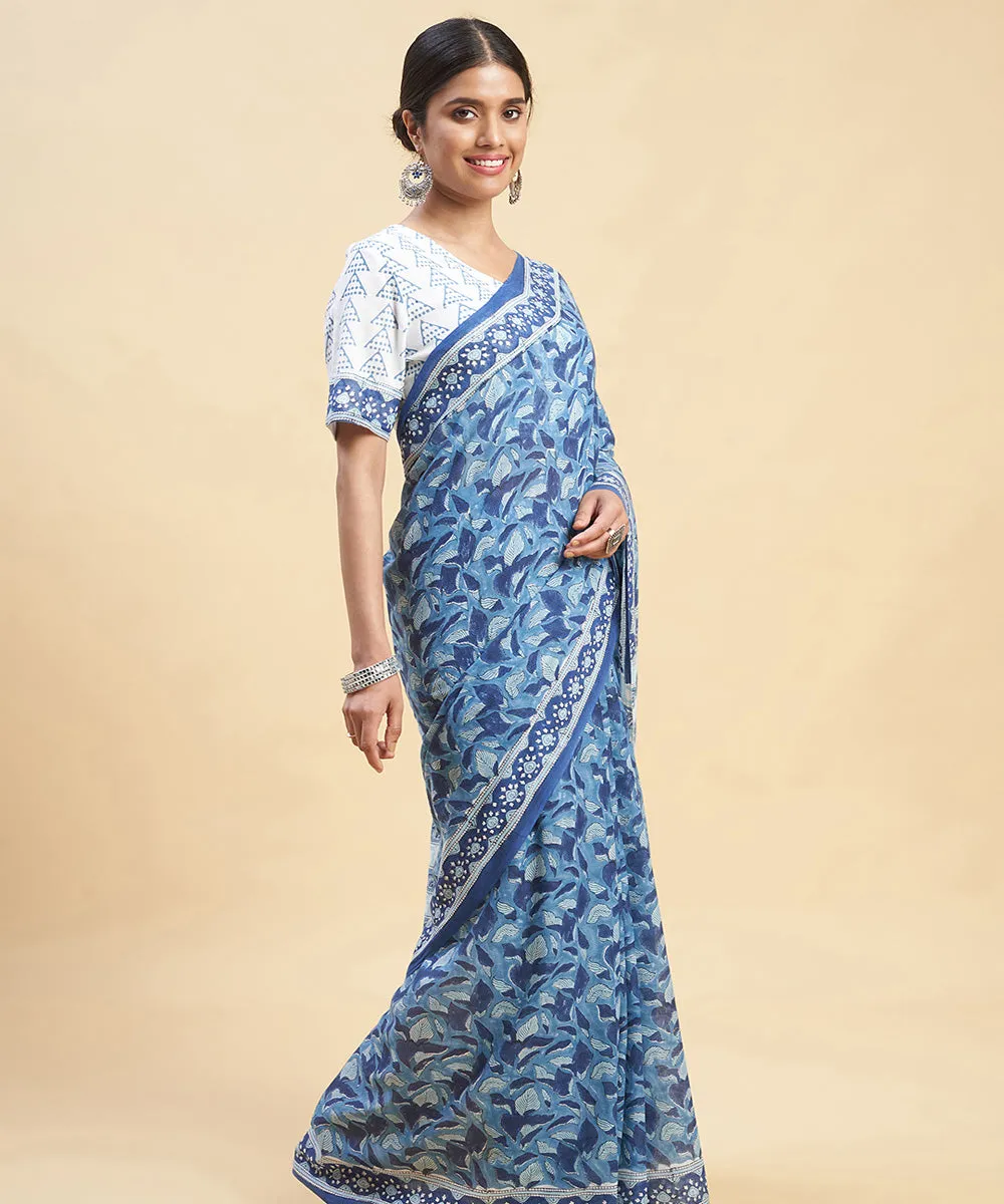 Sky blue indigo cotton hand block sanganeri printed saree