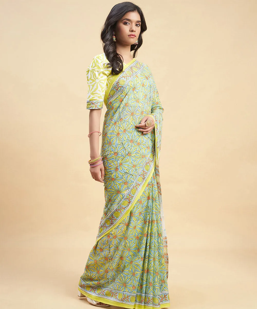 Sky blue yellow cotton hand block sanganeri printed saree