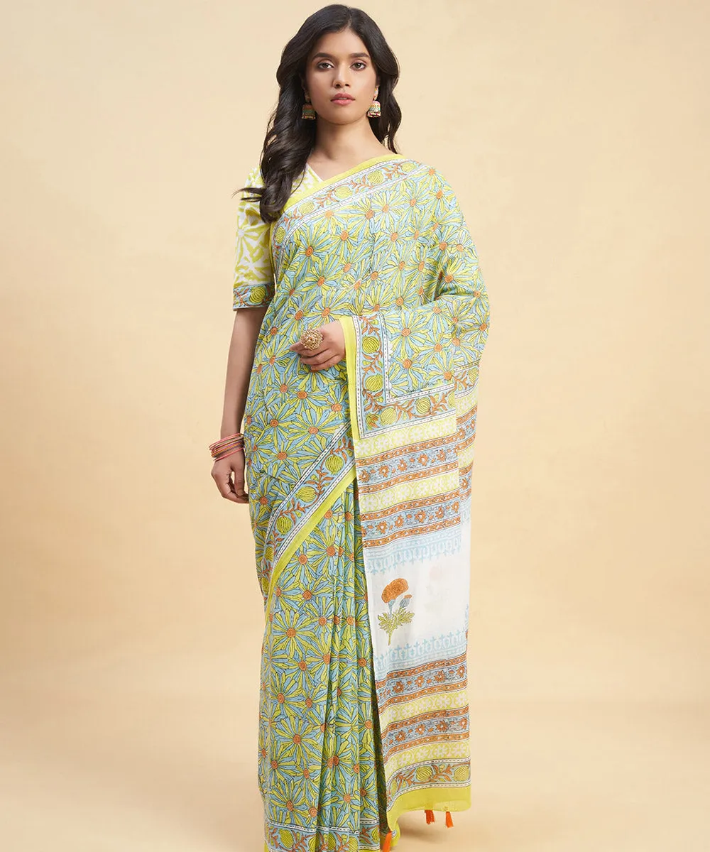 Sky blue yellow cotton hand block sanganeri printed saree