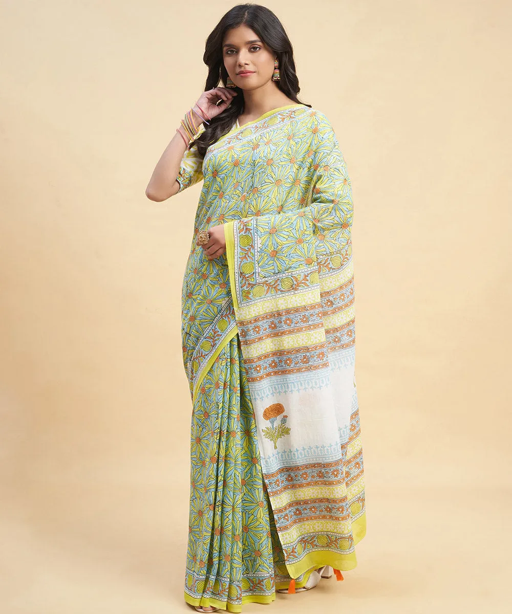 Sky blue yellow cotton hand block sanganeri printed saree