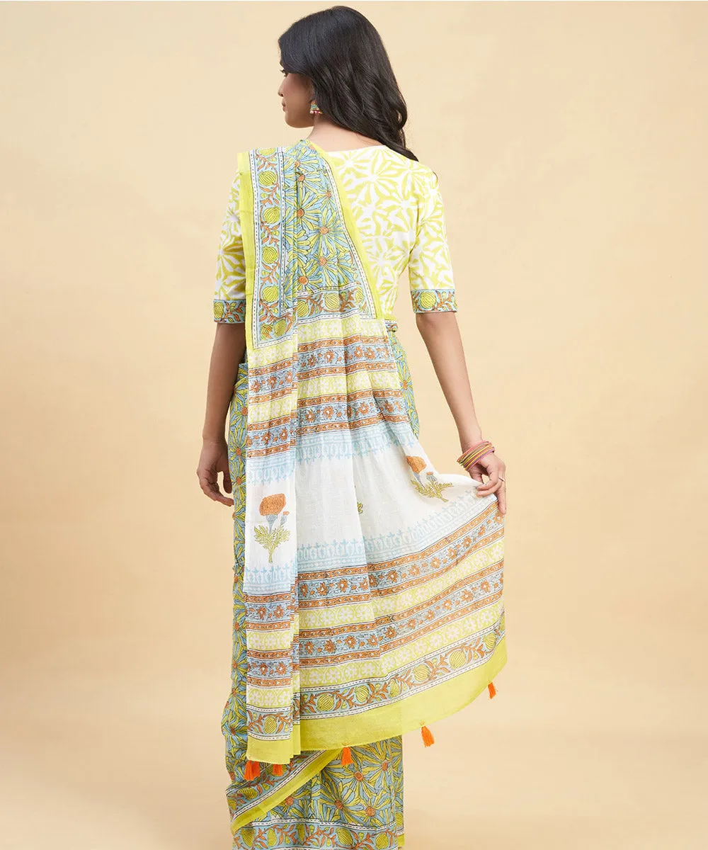 Sky blue yellow cotton hand block sanganeri printed saree