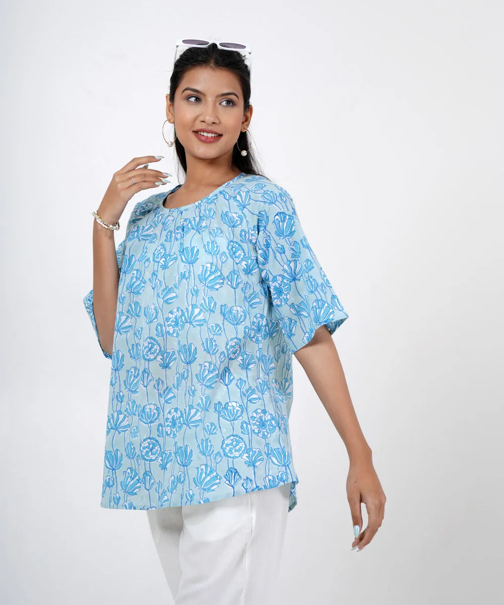 Skyblue handblock printed cotton floral top