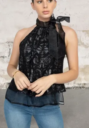 Sleeveless neck tie keyhole semi sheer black top