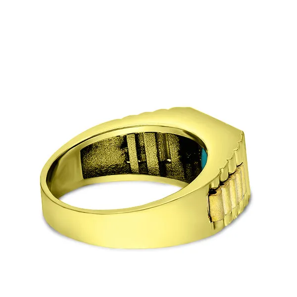 Solid 10k Yellow Gold Ribbed Men's Ring with Genuine Blue Stone