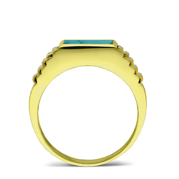 Solid 10k Yellow Gold Ribbed Men's Ring with Genuine Blue Stone