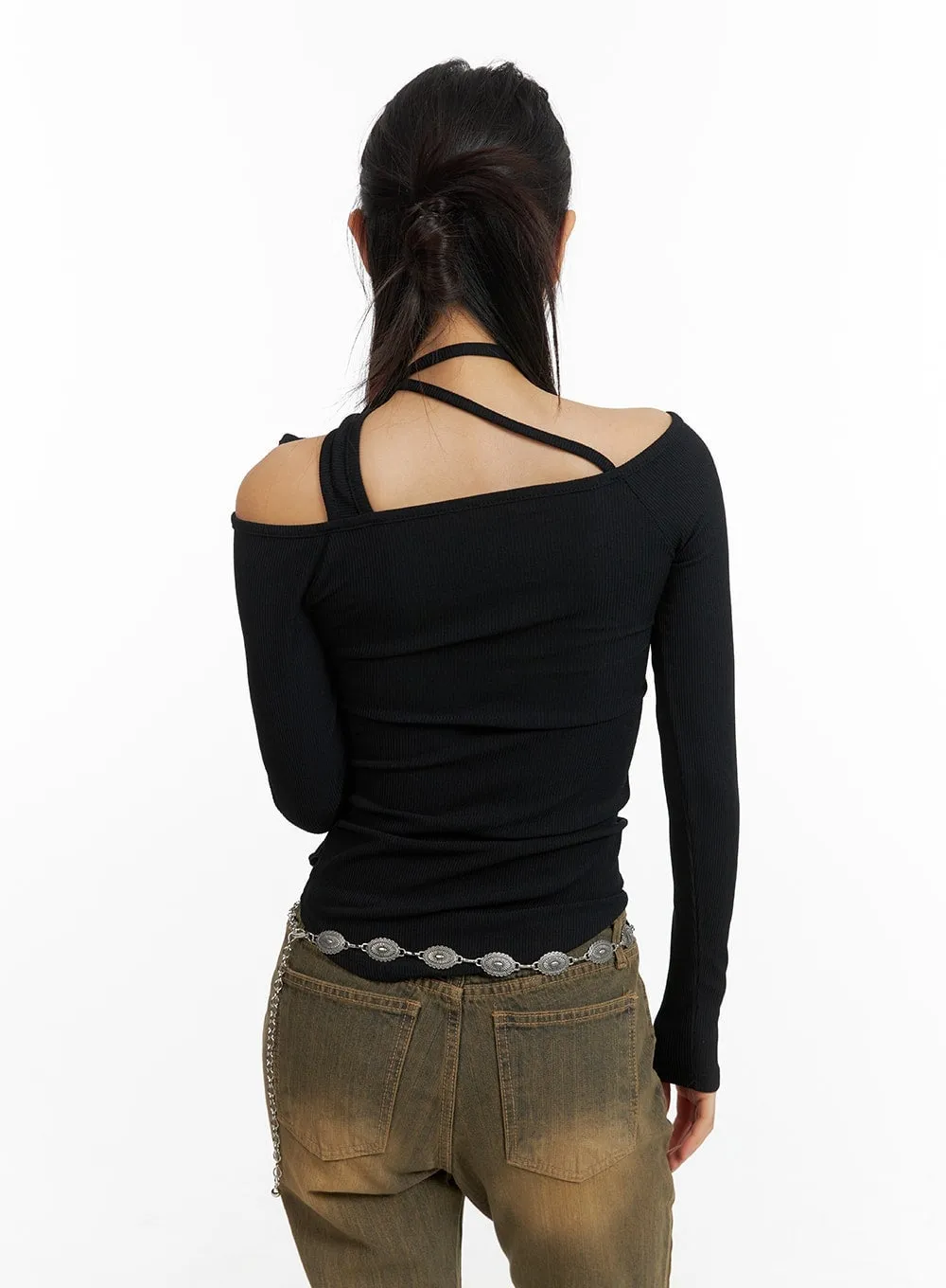 Solid Asymmetrical Neck Cut-Out Long Sleeve Top CM411