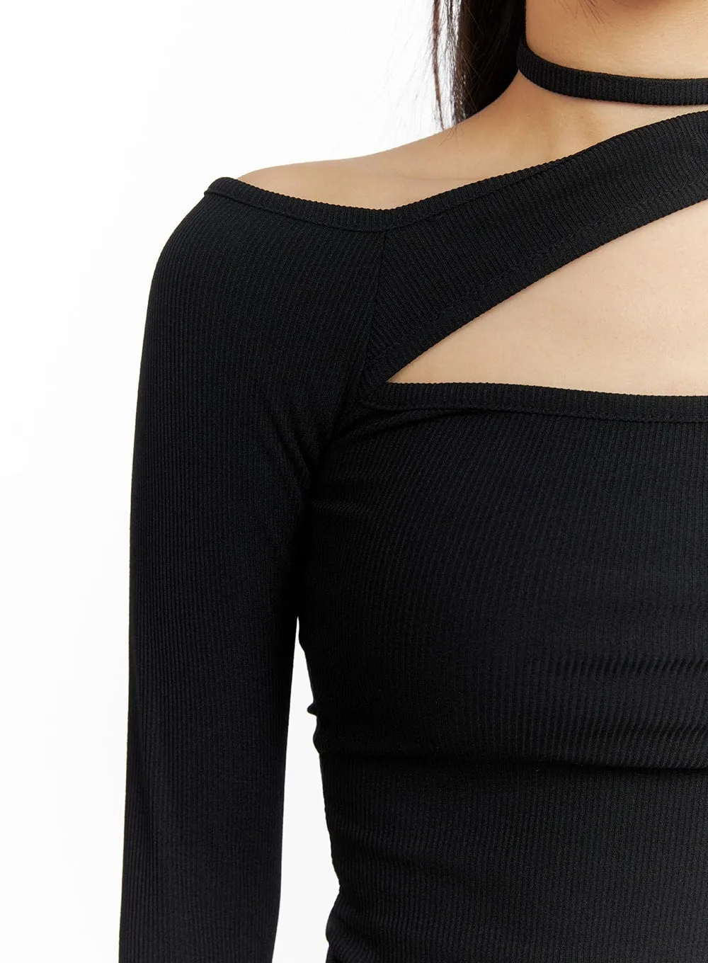 Solid Asymmetrical Neck Cut-Out Long Sleeve Top CM411