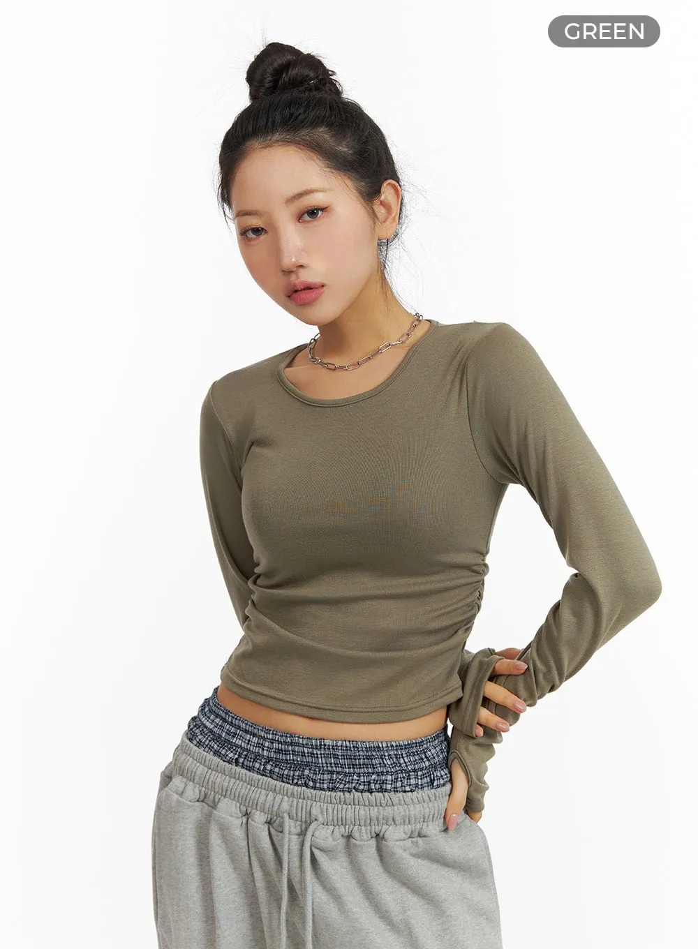 Solid Long Sleeve Crop Top CM408