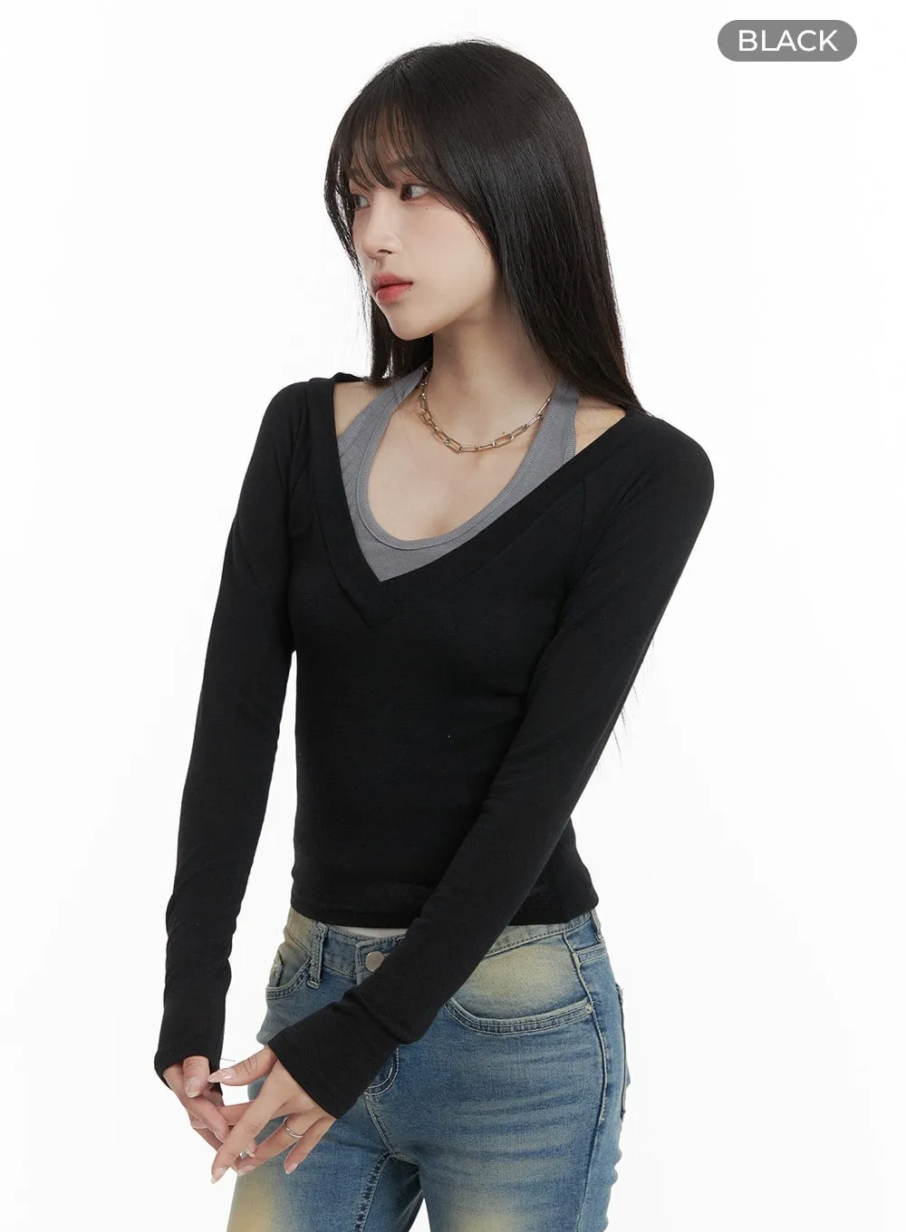 Solid V-Neck Long Sleeve Top CA402