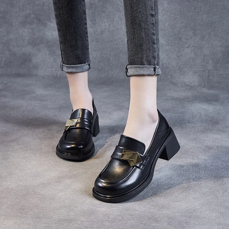 Spring Retro Leather Metal Low Chunky Heel Loafers