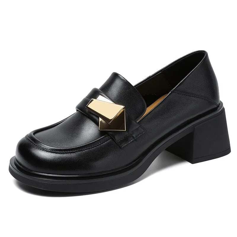 Spring Retro Leather Metal Low Chunky Heel Loafers