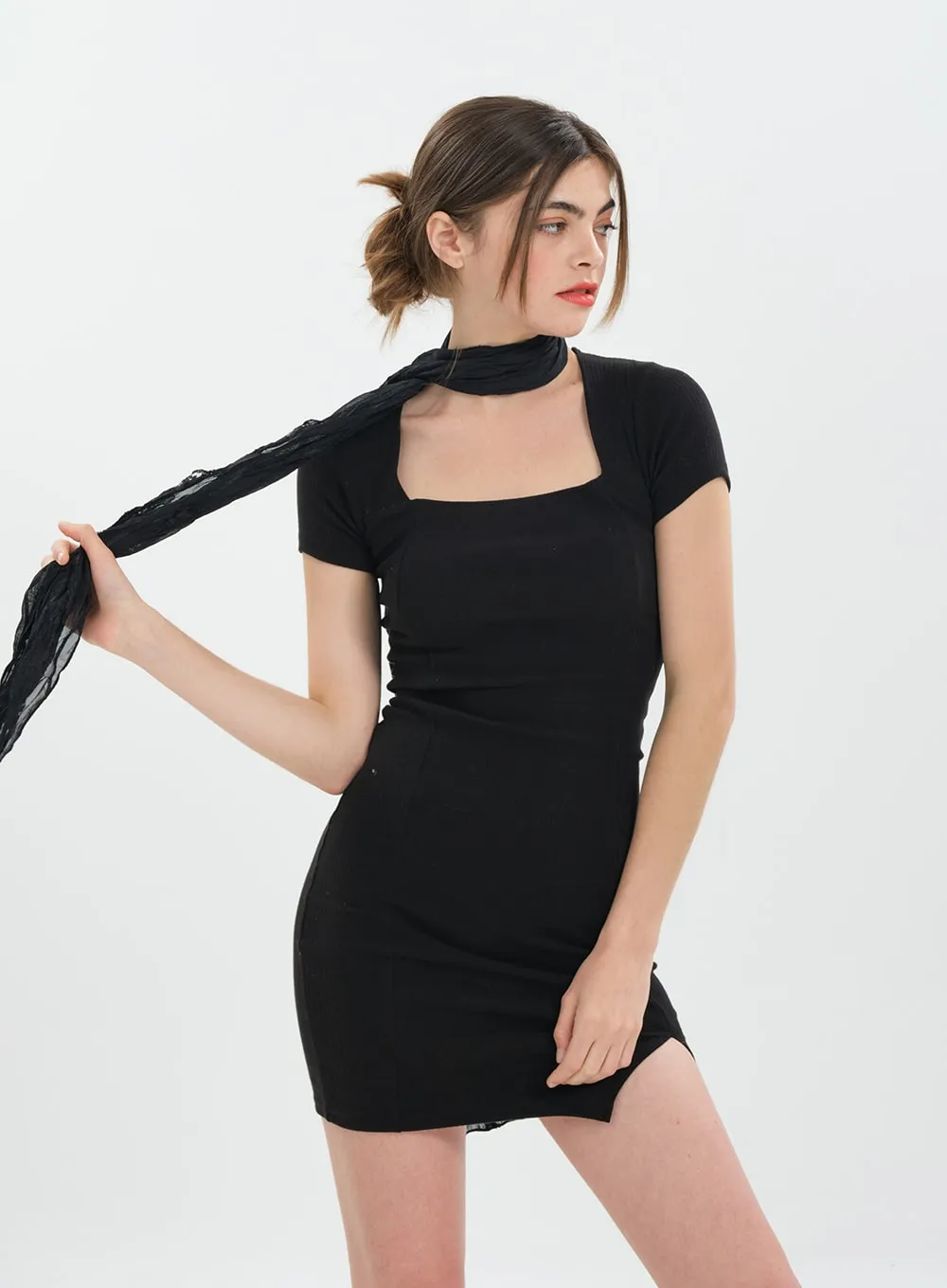 Square Neck Slit Mini Dress CA21