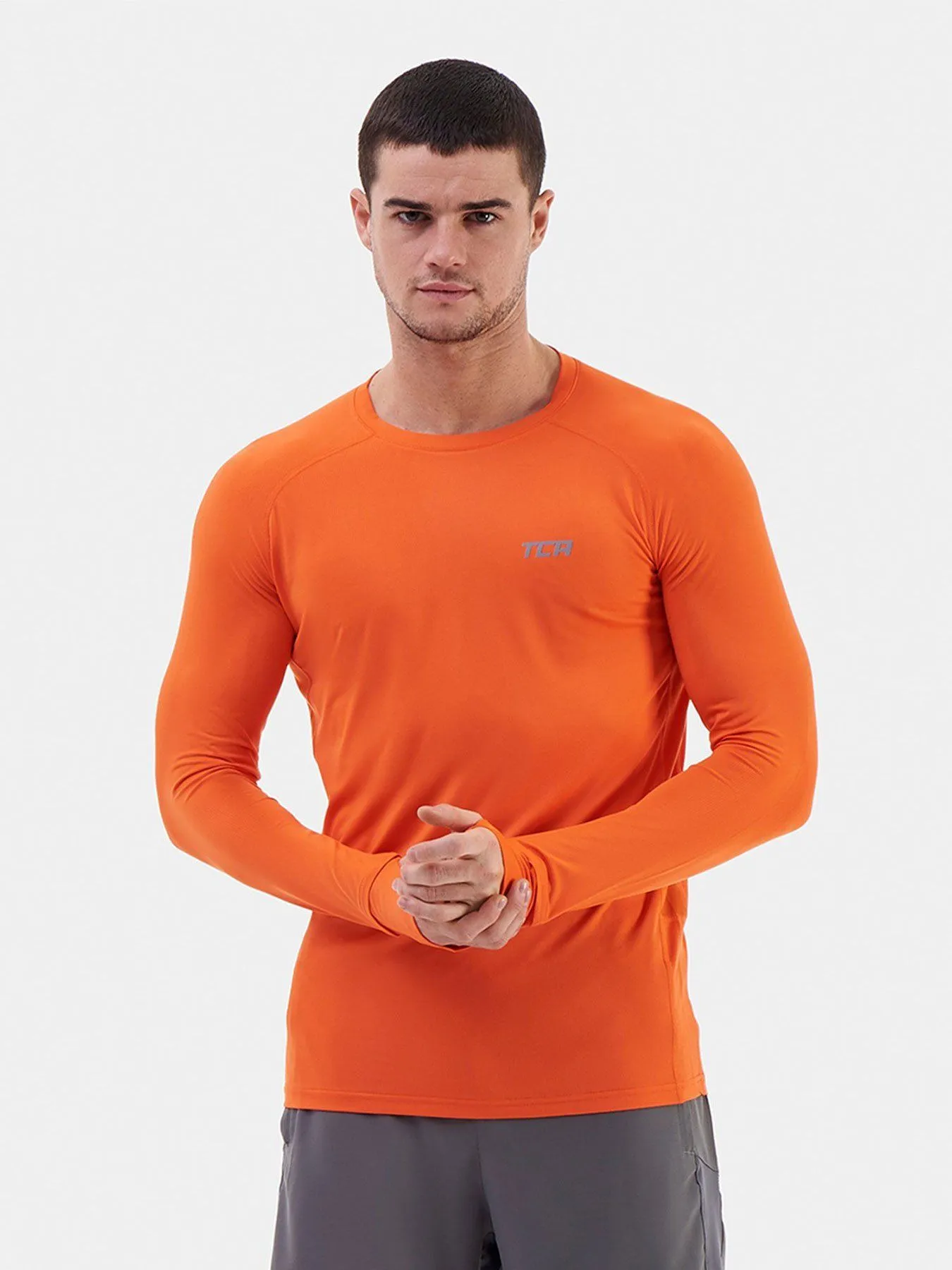 Stamina Long Sleeve Crew Neck Running Top For Men With Thumbholes & Back Zip Pocket