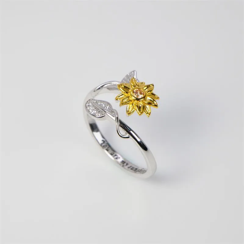 Sterling Silver You are My Sunshine Sunflower CZ Heart Ring