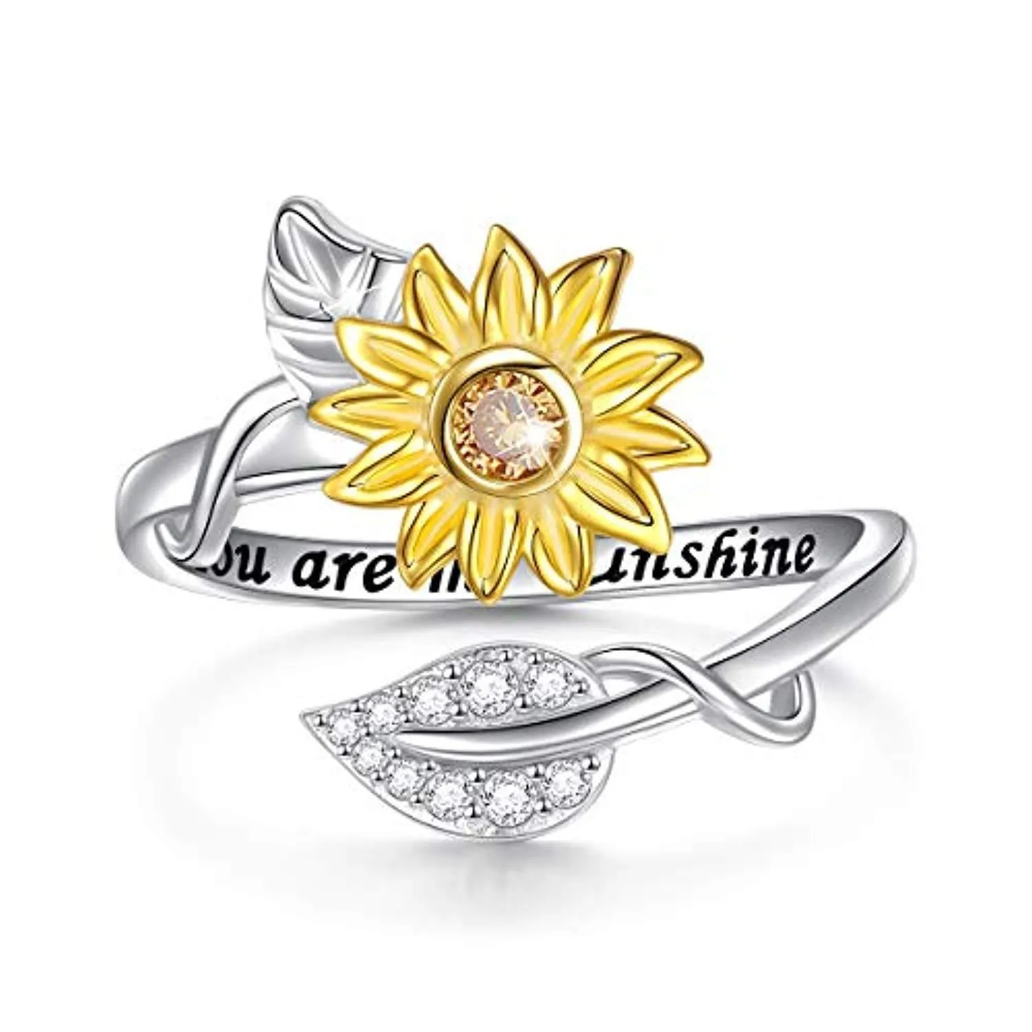 Sterling Silver You are My Sunshine Sunflower CZ Heart Ring