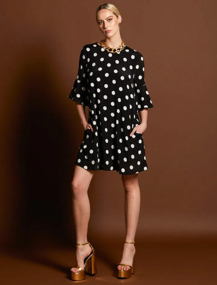 Superstition Frill Sleeve Mini Dress (Black Polka)