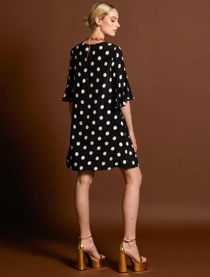 Superstition Frill Sleeve Mini Dress (Black Polka)