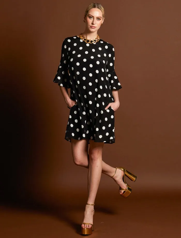 Superstition Frill Sleeve Mini Dress (Black Polka)