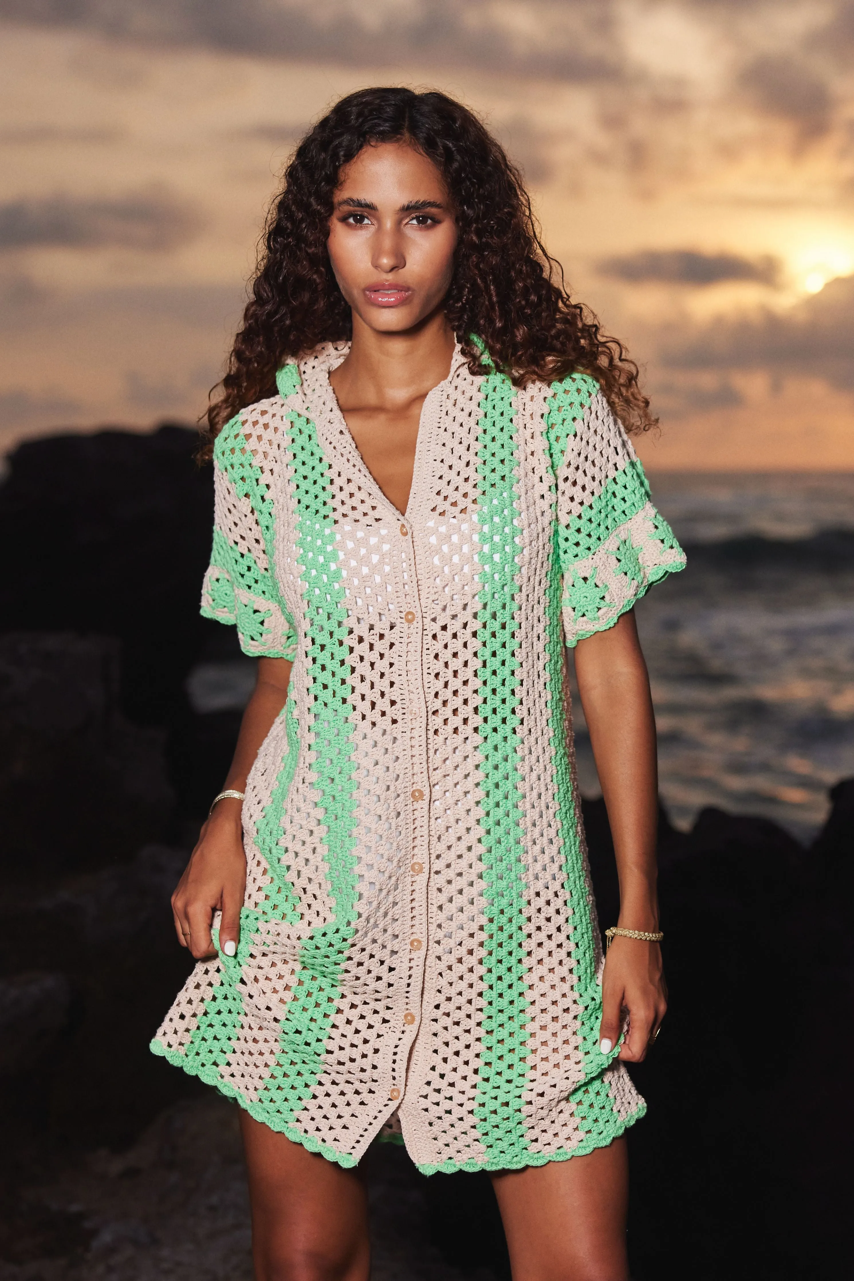 THE COVE CROCHET SHIRT DRESS - GREEN STRIPES