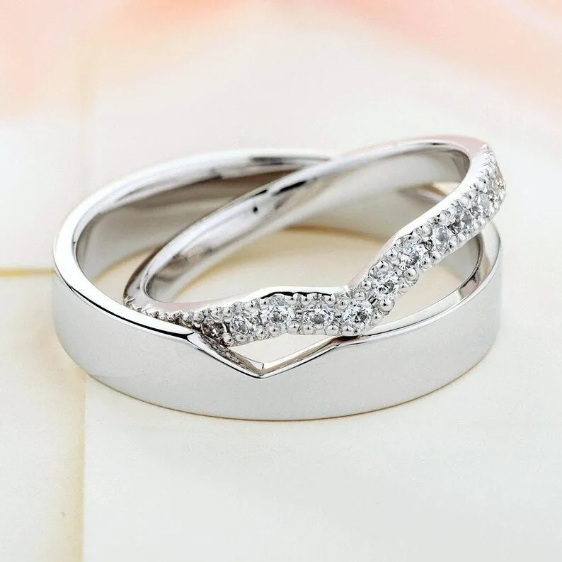 V Shape Couple Diamond Wedding Ring Set - WM30