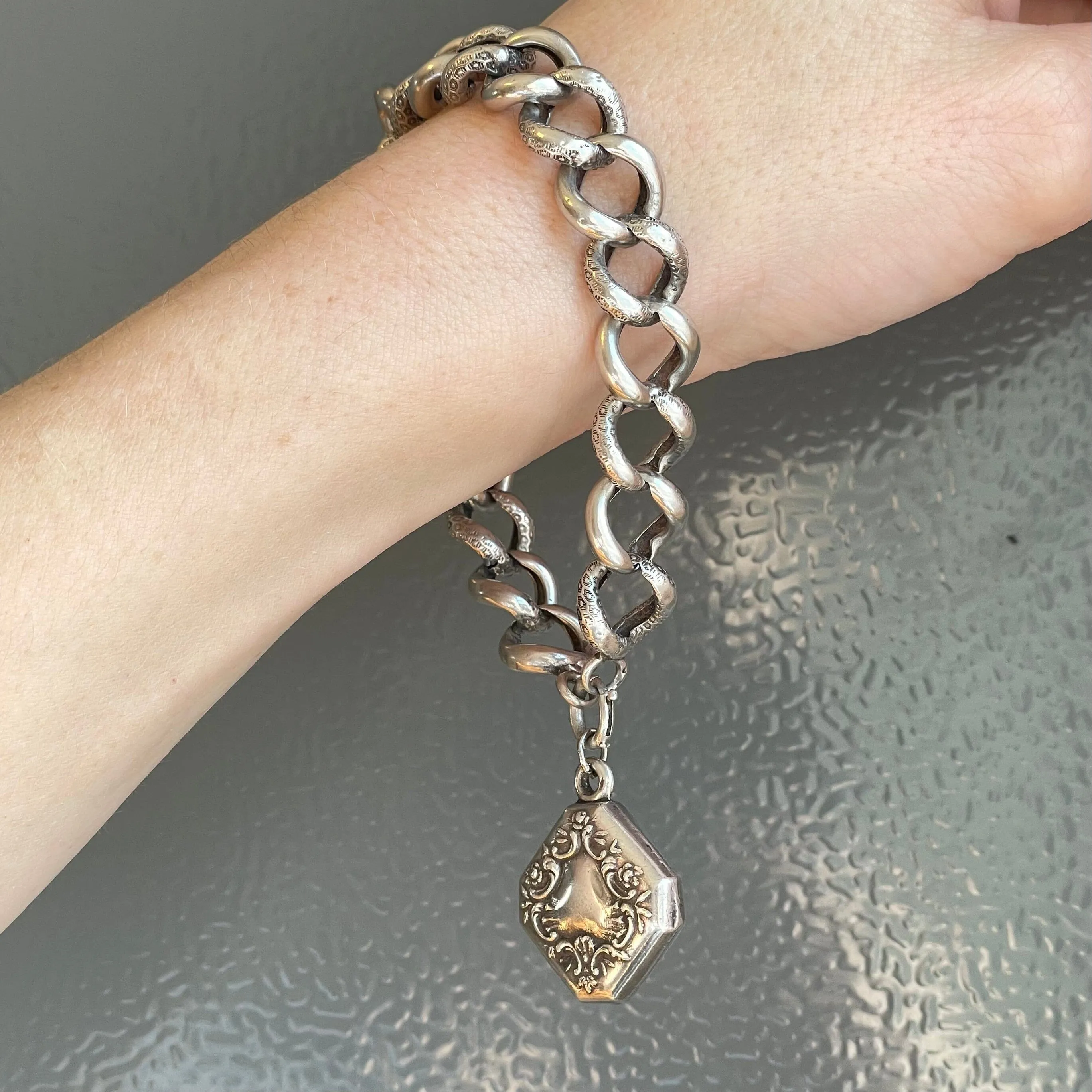 Victorian Day and Night Heart Charm Curb Link Bracelet