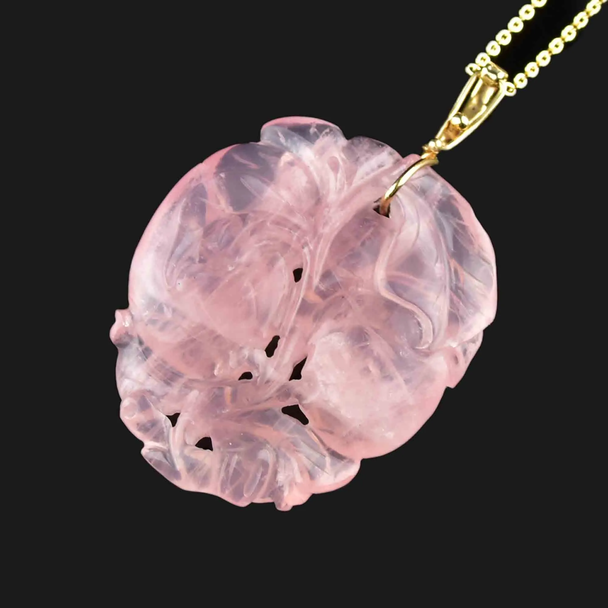 Vintage 14K Gold Carved Rose Quartz Pendant Necklace